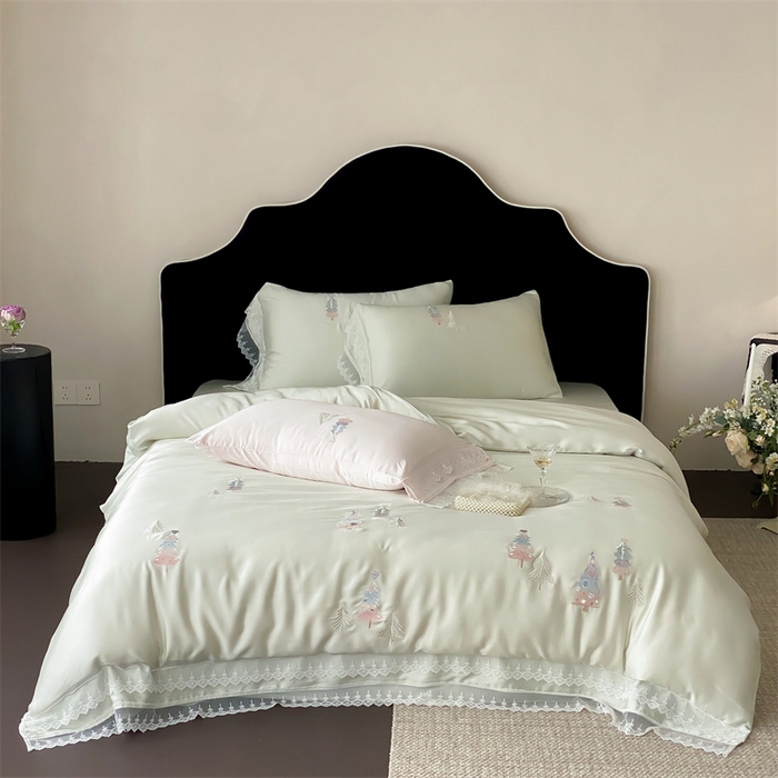 91家纺网 家纺一手货源 找家纺 树下 2026新款60S天丝刺绣花边四件套-安松 安松绿