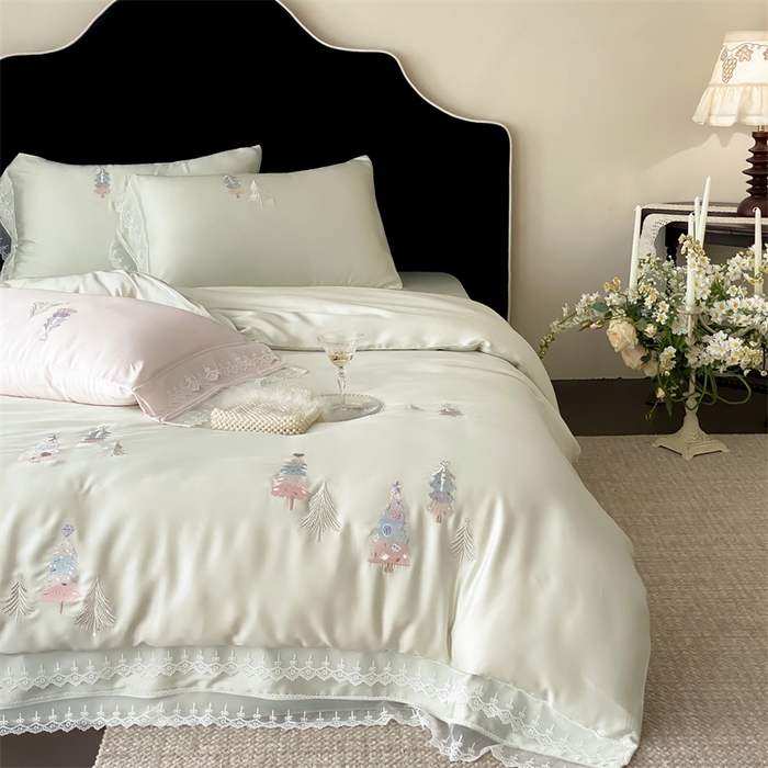 91家纺网 家纺一手货源 找家纺 树下 2026新款60S天丝刺绣花边四件套-安松 安松绿