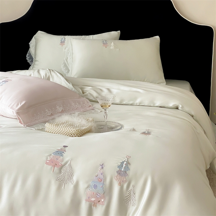 91家纺网 家纺一手货源 找家纺 树下 2026新款60S天丝刺绣花边四件套-安松 安松绿