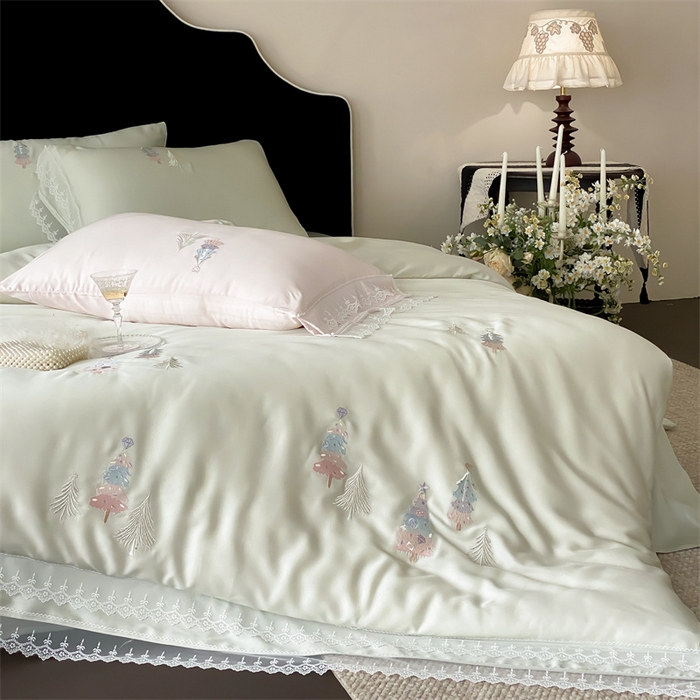 91家纺网 家纺一手货源 找家纺 树下 2026新款60S天丝刺绣花边四件套-安松 安松绿