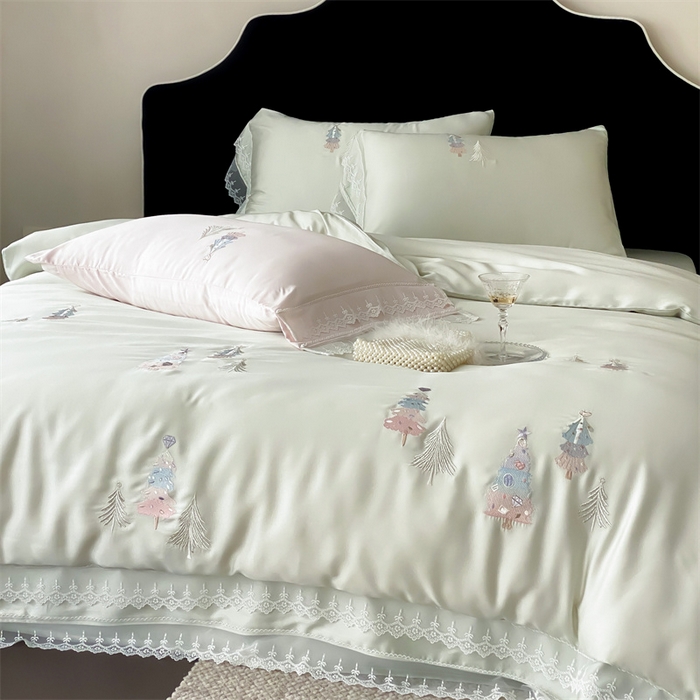 91家纺网 家纺一手货源 找家纺 树下 2026新款60S天丝刺绣花边四件套-安松 安松绿