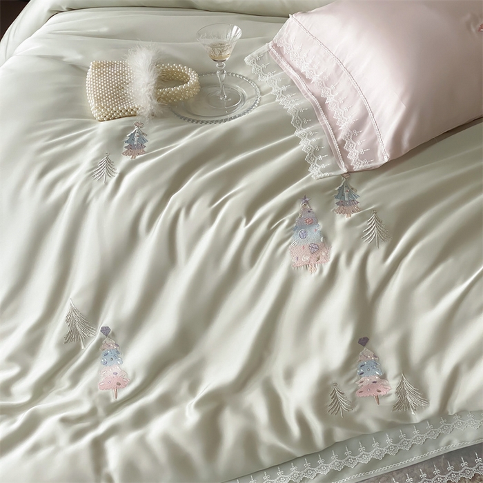 91家纺网 家纺一手货源 找家纺 树下 2026新款60S天丝刺绣花边四件套-安松 安松绿