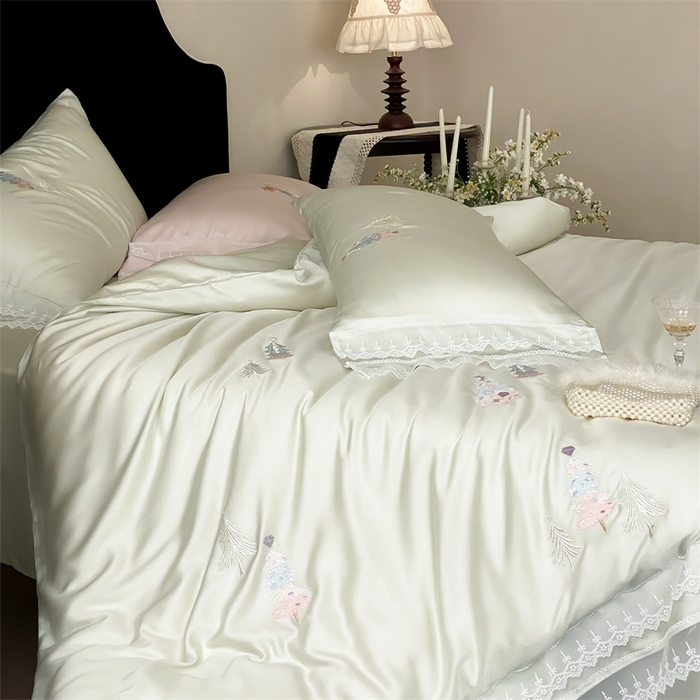 91家纺网 家纺一手货源 找家纺 树下 2026新款60S天丝刺绣花边四件套-安松 安松绿,安松绿