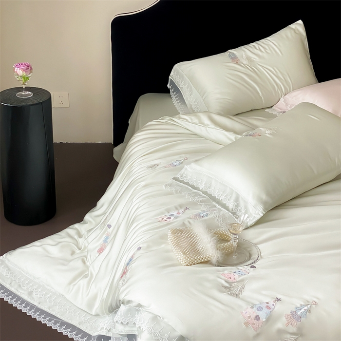 91家纺网 家纺一手货源 找家纺 树下 2026新款60S天丝刺绣花边四件套-安松 安松绿