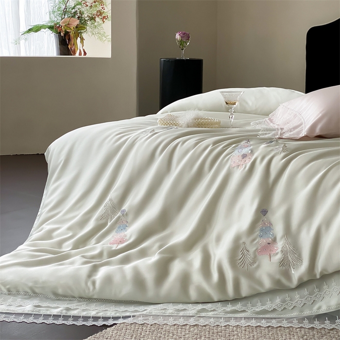 91家纺网 家纺一手货源 找家纺 树下 2026新款60S天丝刺绣花边四件套-安松 安松绿