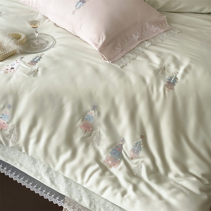 91家纺网 家纺一手货源 找家纺 树下 2026新款60S天丝刺绣花边四件套-安松 安松绿