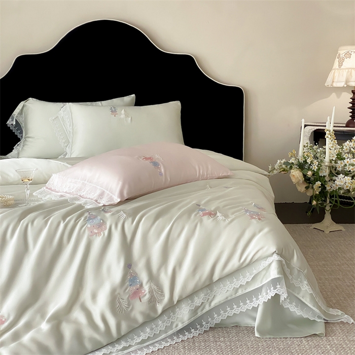 91家纺网 家纺一手货源 找家纺 树下 2026新款60S天丝刺绣花边四件套-安松 安松绿