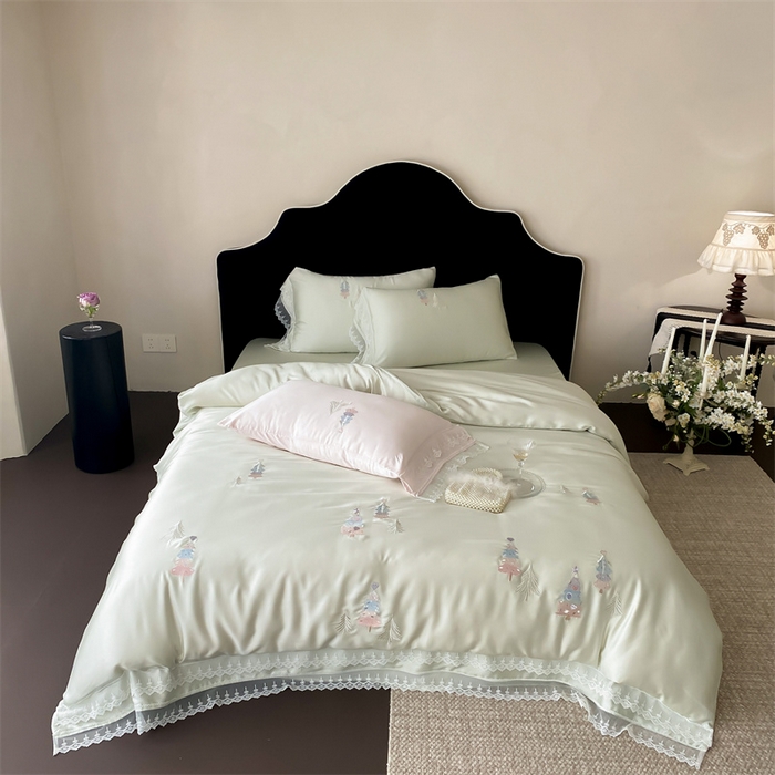 91家纺网 家纺一手货源 找家纺 树下 2026新款60S天丝刺绣花边四件套-安松 安松绿