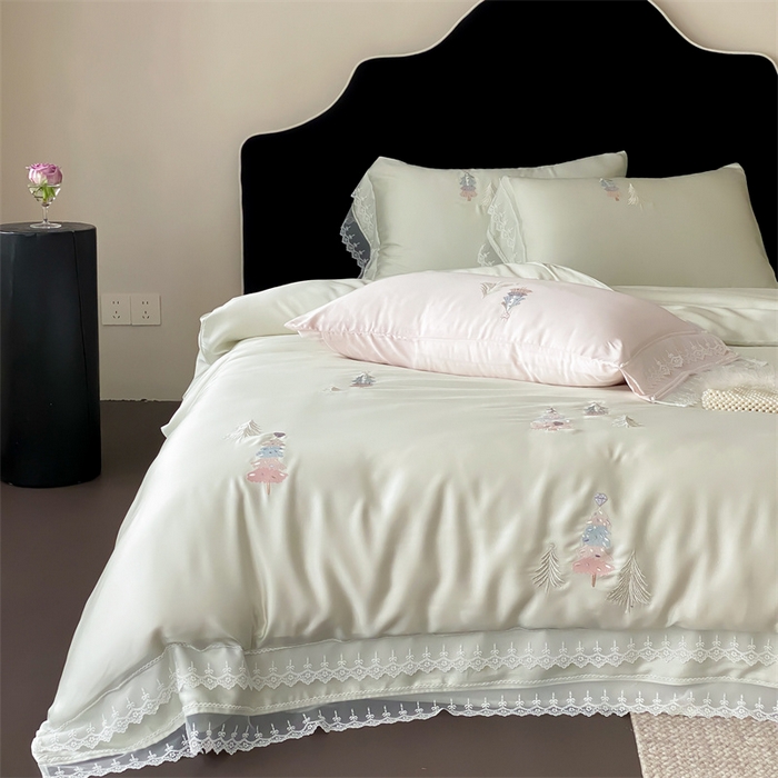 91家纺网 家纺一手货源 找家纺 树下 2026新款60S天丝刺绣花边四件套-安松 安松绿