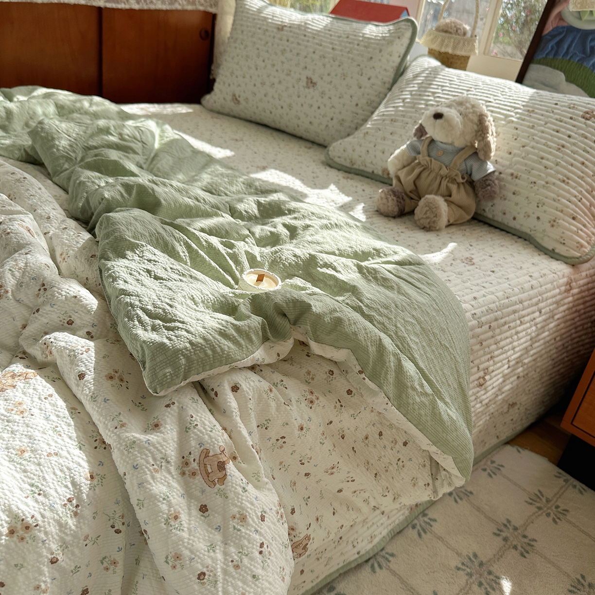 91家纺网 家纺一手货源 找家纺 （总）几禾 2026新款高品质A类泡芙纱床盖夏被套件-青提系列（晚风渐热，温柔续夏）