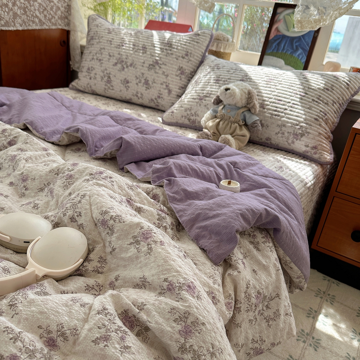 91家纺网 家纺一手货源 找家纺 （总）几禾 2026新款高品质A类泡芙纱床盖夏被套件-青提系列（晚风渐热，温柔续夏）