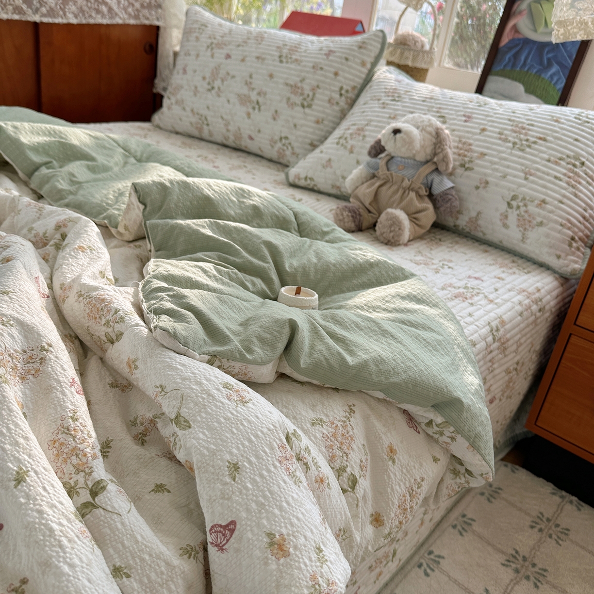 91家纺网 家纺一手货源 找家纺 （总）几禾 2026新款高品质A类泡芙纱床盖夏被套件-青提系列（晚风渐热，温柔续夏）