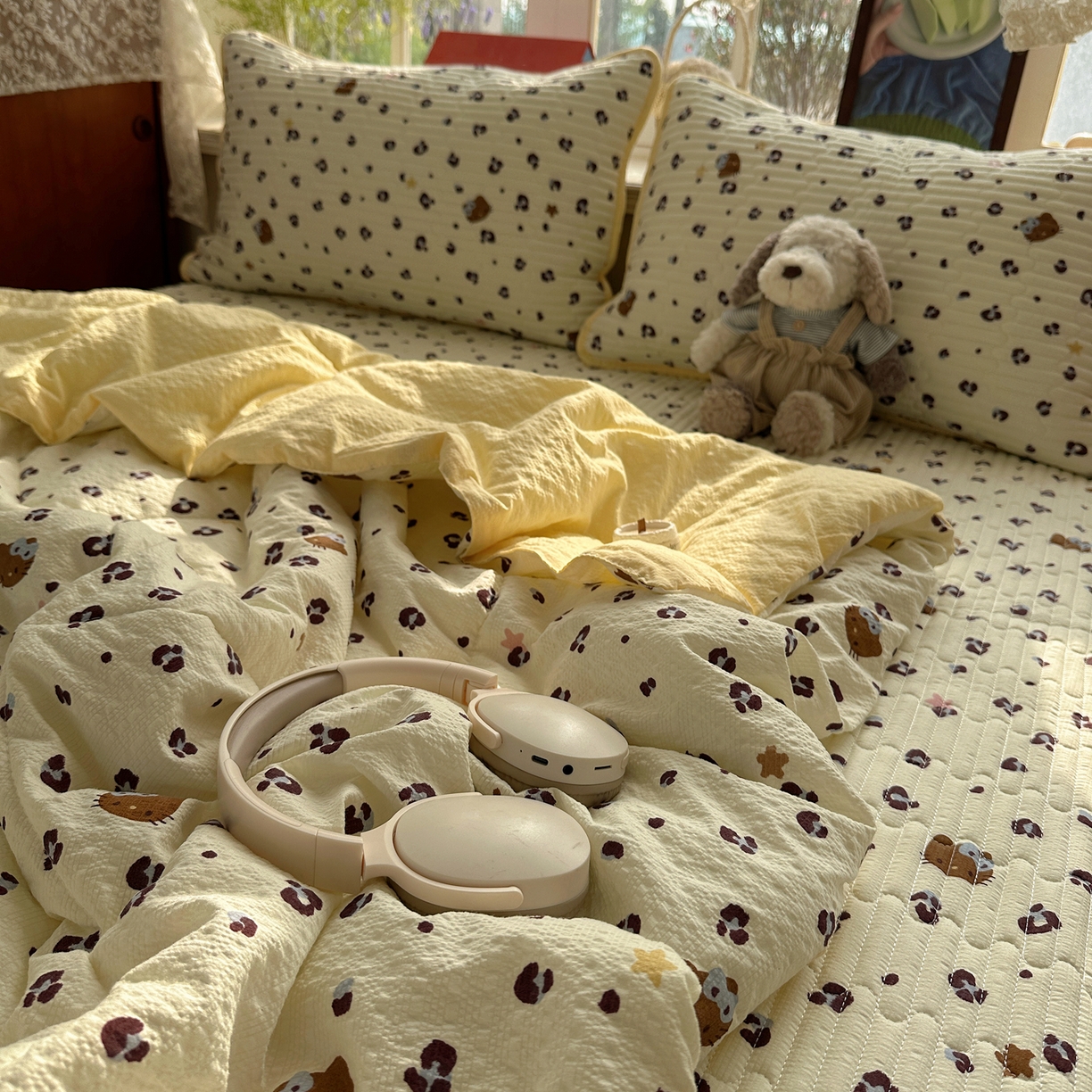 91家纺网 家纺一手货源 找家纺 几禾 2026新款高品质A类泡芙纱床盖夏被套件-青提系列（晚风渐热，温柔续夏） 青提-豹纹黄星