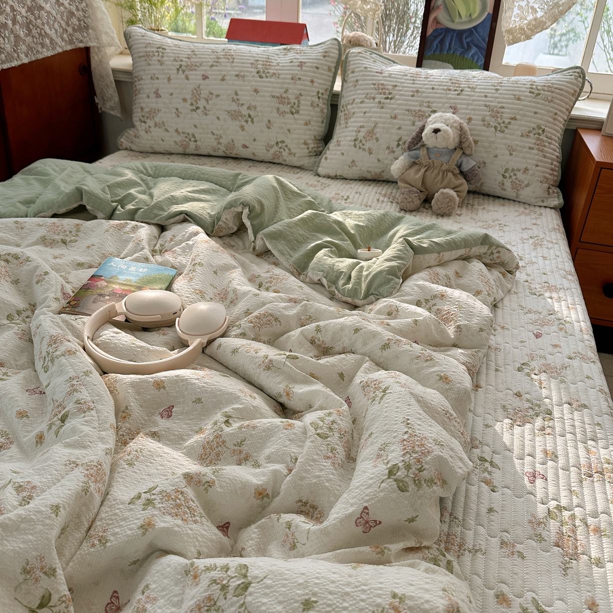 91家纺网 家纺一手货源 找家纺 几禾 2026新款高品质A类泡芙纱床盖夏被套件-青提系列（晚风渐热，温柔续夏） 青提-蝶栖黄花