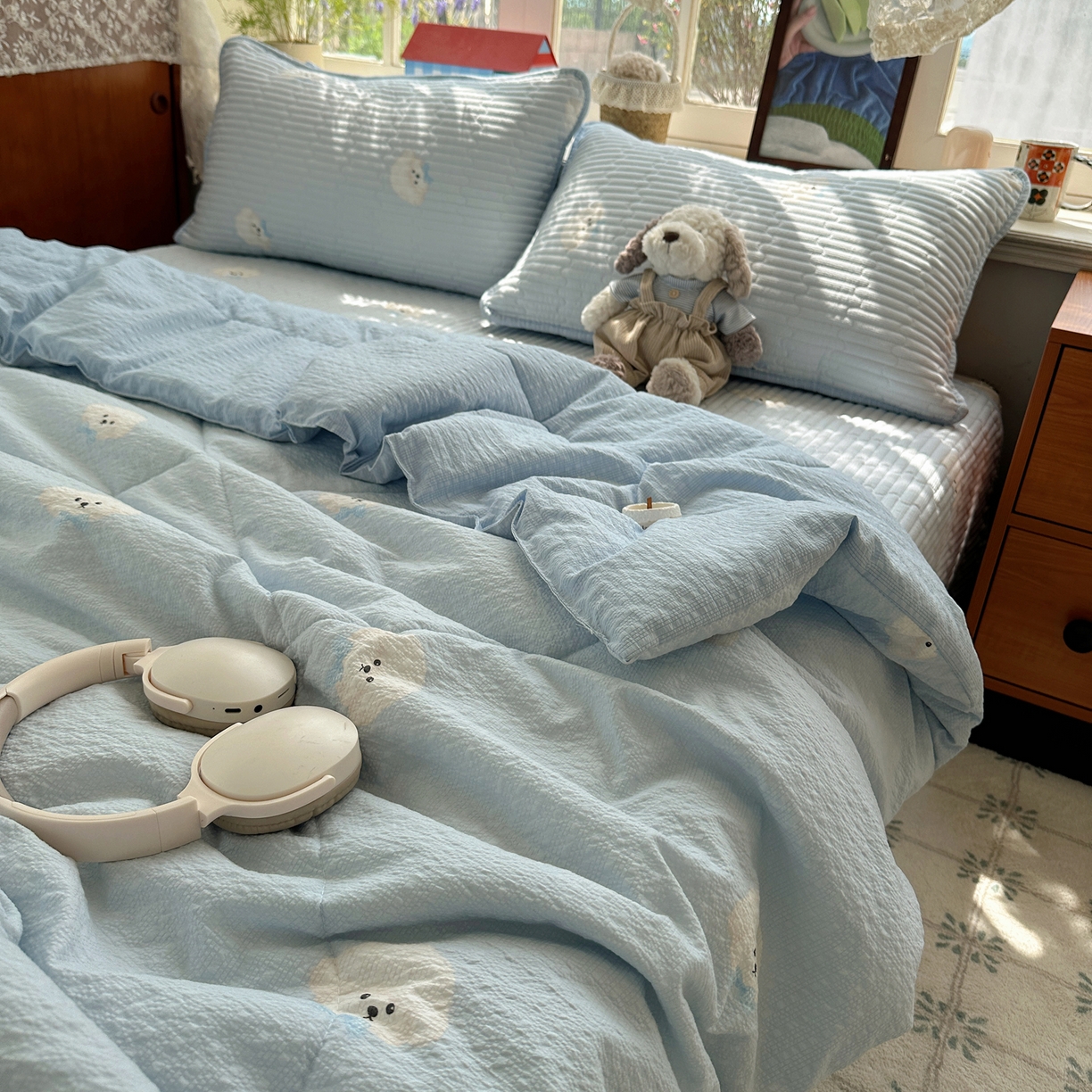 91家纺网 家纺一手货源 找家纺 几禾 2026新款高品质A类泡芙纱床盖夏被套件-青提系列（晚风渐热，温柔续夏） 青提-蓝领结狗