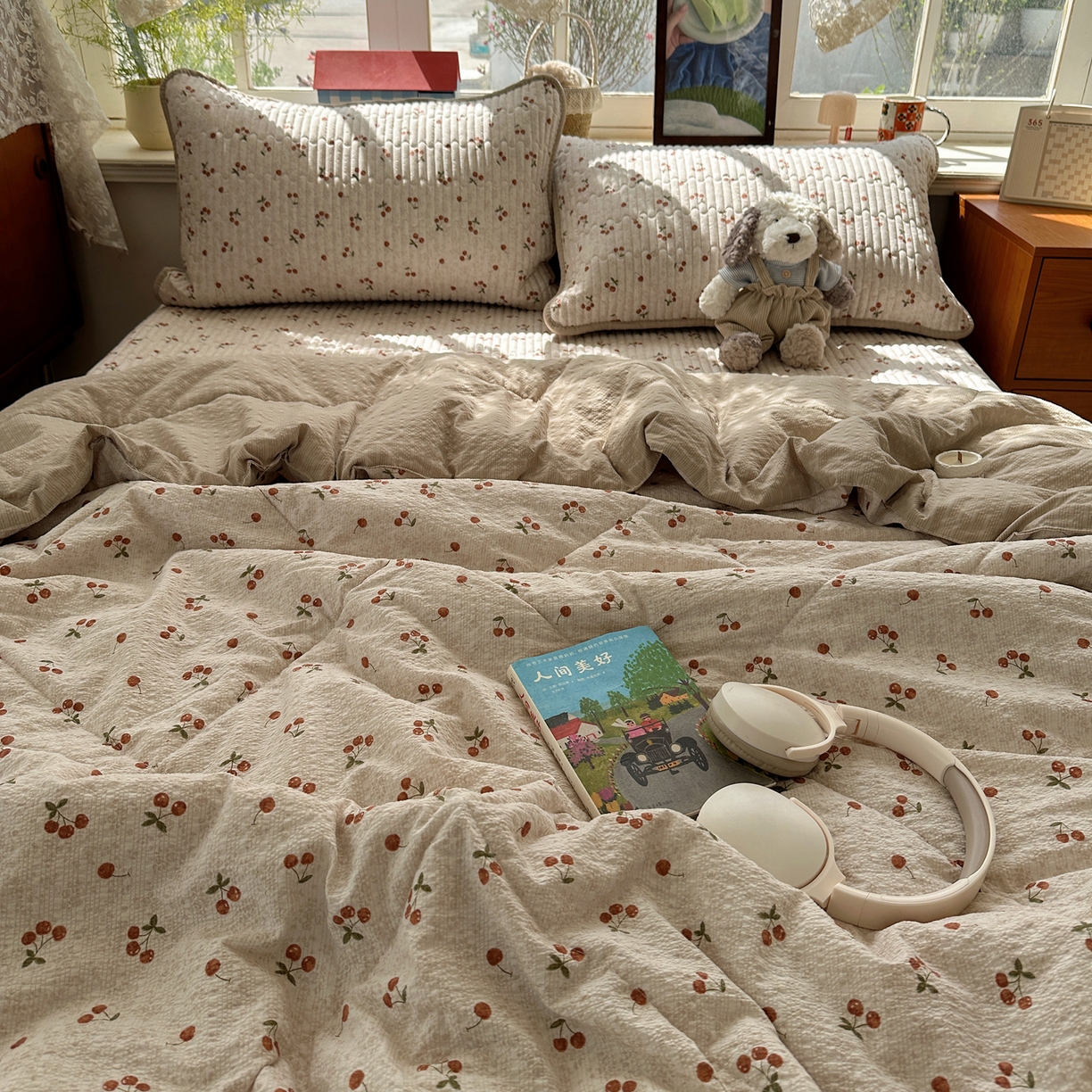 91家纺网 家纺一手货源 找家纺 几禾 2026新款高品质A类泡芙纱床盖夏被套件-青提系列（晚风渐热，温柔续夏） 青提-酒渍樱桃