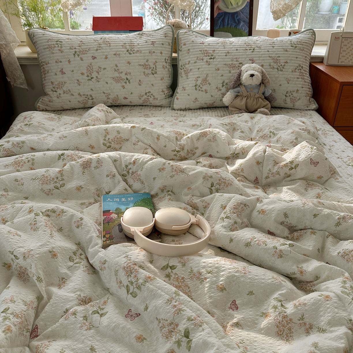 91家纺网 家纺一手货源 找家纺 几禾 2026新款高品质A类泡芙纱床盖夏被套件-青提系列（晚风渐热，温柔续夏） 青提-蝶栖黄花