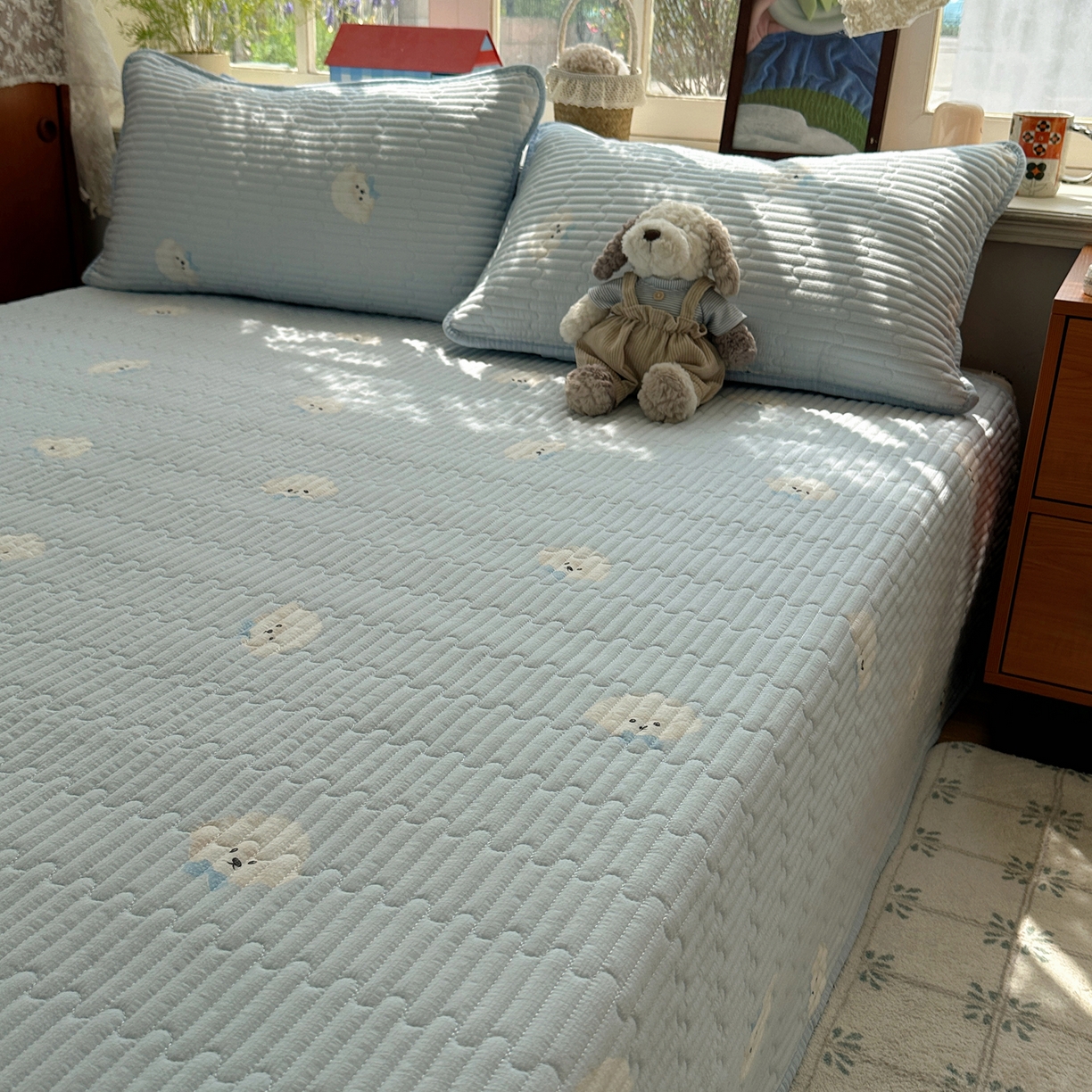 91家纺网 家纺一手货源 找家纺 几禾 2026新款高品质A类泡芙纱床盖夏被套件-青提系列（晚风渐热，温柔续夏） 青提-蓝领结狗