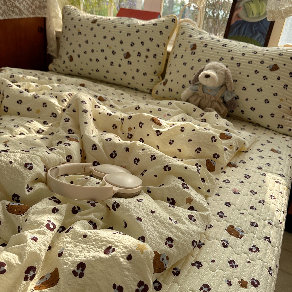 91家纺网 家纺一手货源 找家纺 几禾 2026新款高品质A类泡芙纱床盖夏被套件-青提系列（晚风渐热，温柔续夏） 青提-豹纹黄星