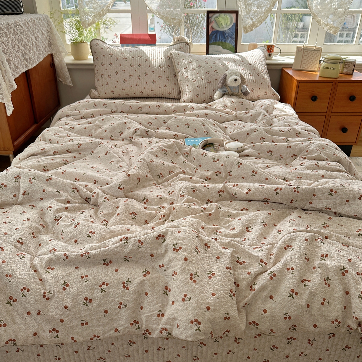 91家纺网 家纺一手货源 找家纺 几禾 2026新款高品质A类泡芙纱床盖夏被套件-青提系列（晚风渐热，温柔续夏） 青提-酒渍樱桃