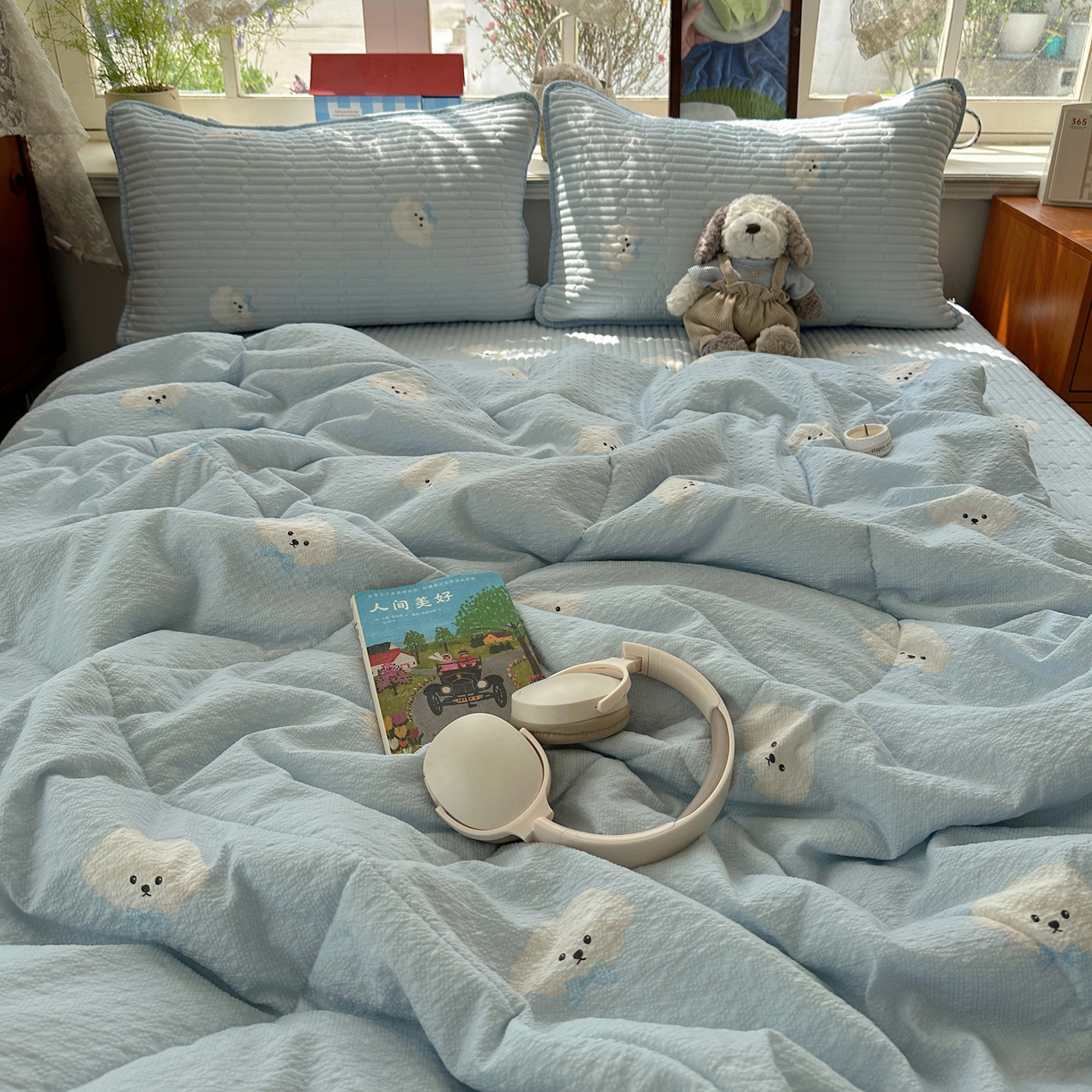 91家纺网 家纺一手货源 找家纺 几禾 2026新款高品质A类泡芙纱床盖夏被套件-青提系列（晚风渐热，温柔续夏） 青提-蓝领结狗