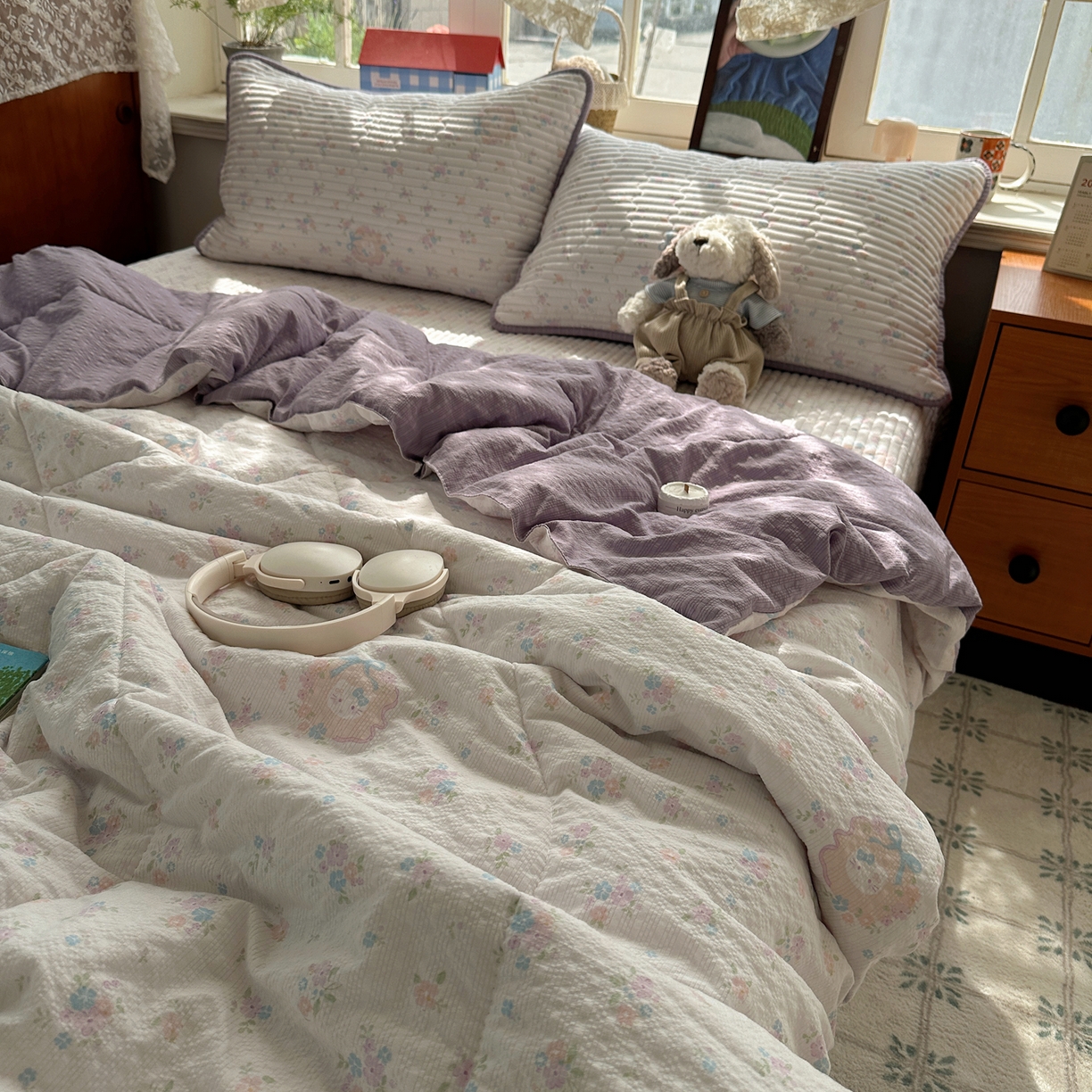 91家纺网 家纺一手货源 找家纺 几禾 2026新款高品质A类泡芙纱床盖夏被套件-青提系列（晚风渐热，温柔续夏） 青提-碎花藏甜