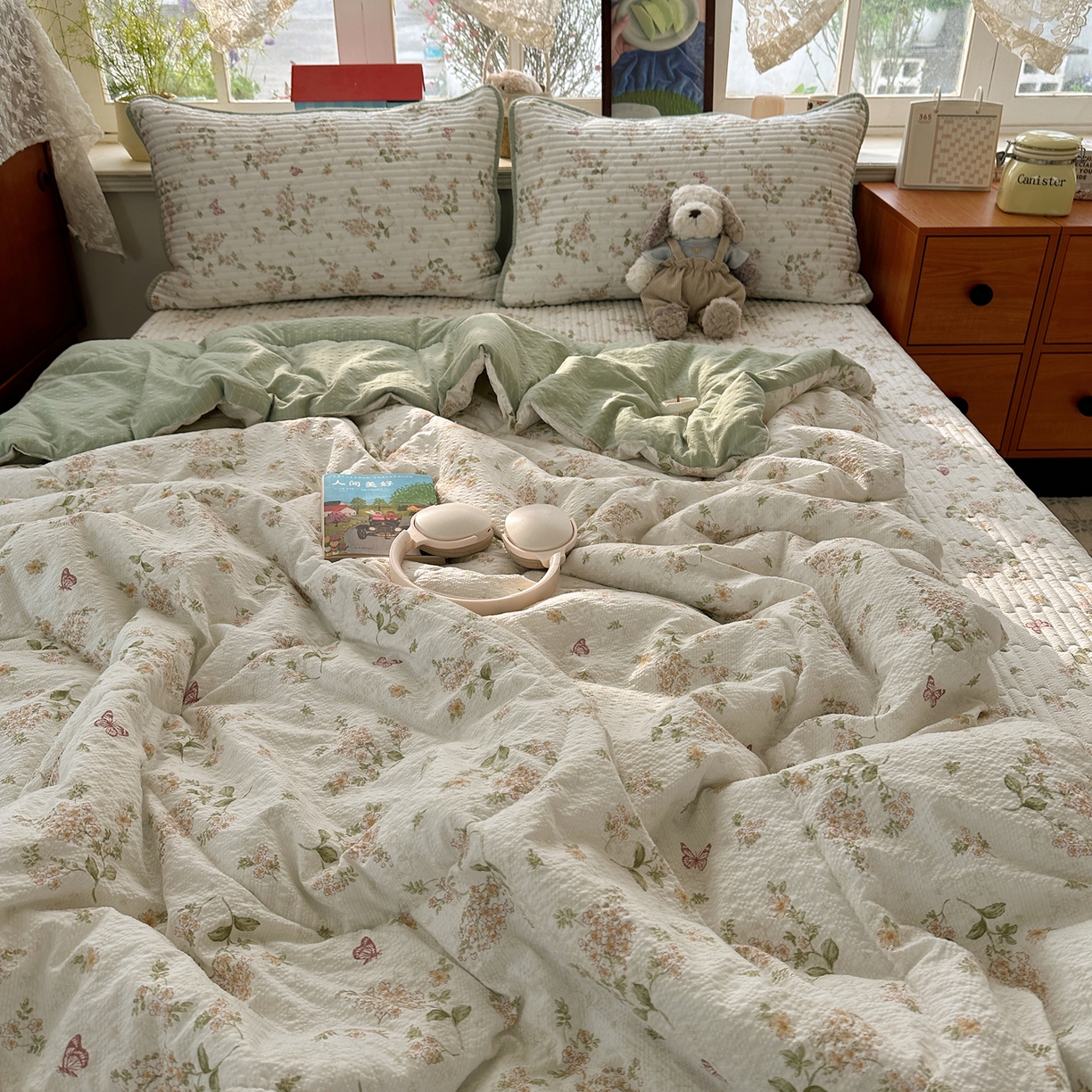 91家纺网 家纺一手货源 找家纺 几禾 2026新款高品质A类泡芙纱床盖夏被套件-青提系列（晚风渐热，温柔续夏） 青提-蝶栖黄花