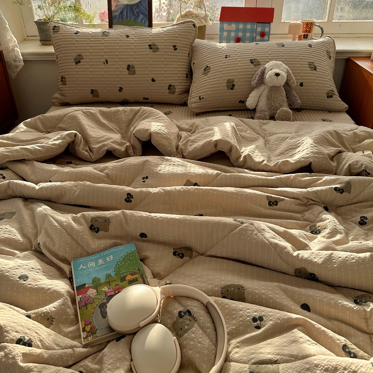 91家纺网 家纺一手货源 找家纺 几禾 2026新款高品质A类泡芙纱床盖夏被套件-青提系列（晚风渐热，温柔续夏） 青提-咖啡小猫