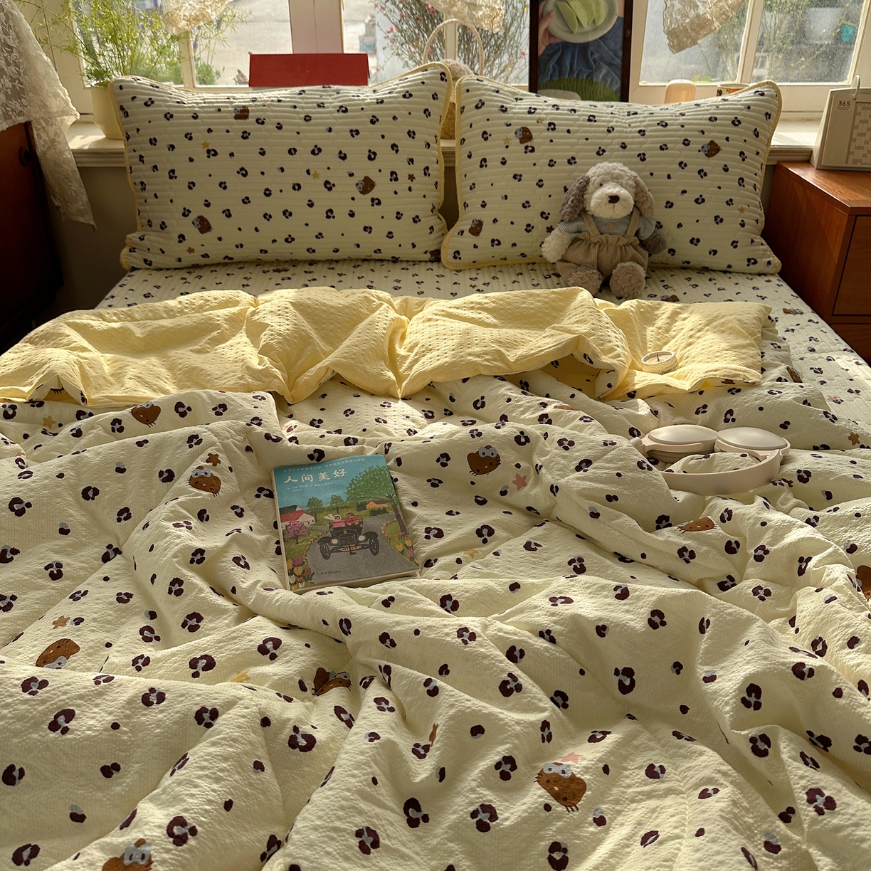 91家纺网 家纺一手货源 找家纺 几禾 2026新款高品质A类泡芙纱床盖夏被套件-青提系列（晚风渐热，温柔续夏） 青提-豹纹黄星