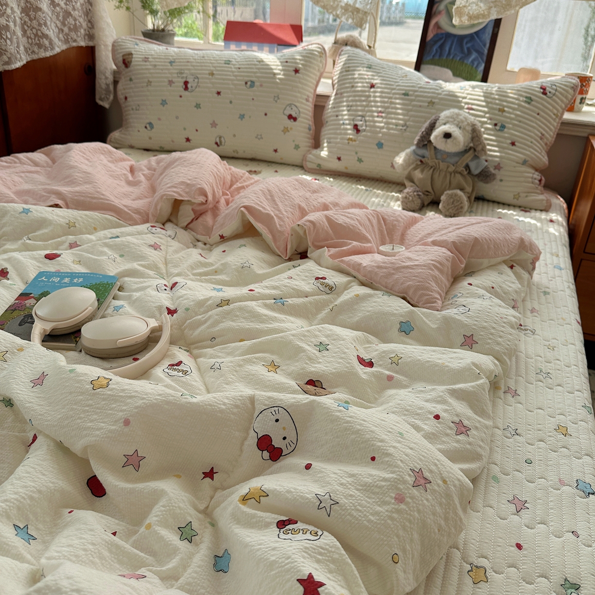 91家纺网 家纺一手货源 找家纺 几禾 2026新款高品质A类泡芙纱床盖夏被套件-青提系列（晚风渐热，温柔续夏） 青提-星芒凯蒂