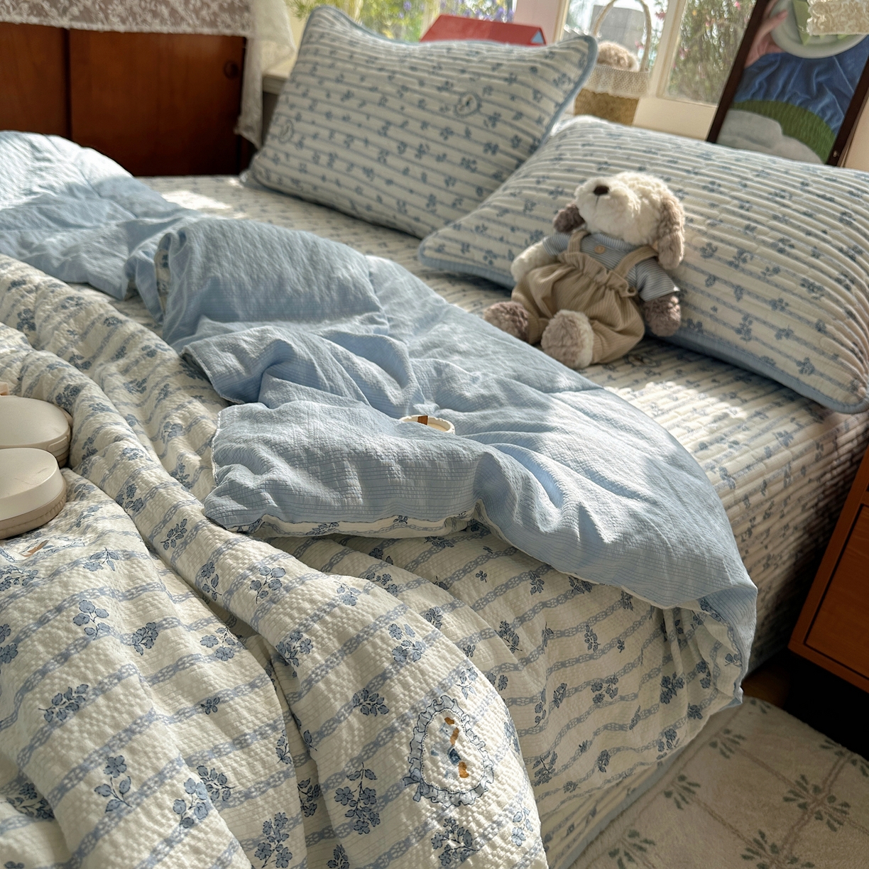 几禾 2026新款高品质A类泡芙纱床盖夏被套件-青提系列（晚风渐热，温柔续夏） 青提-浅蓝花织