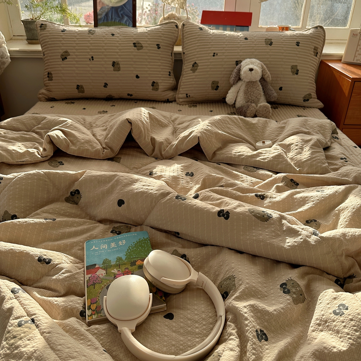 91家纺网 家纺一手货源 找家纺 几禾 2026新款高品质A类泡芙纱床盖夏被套件-青提系列（晚风渐热，温柔续夏） 青提-咖啡小猫