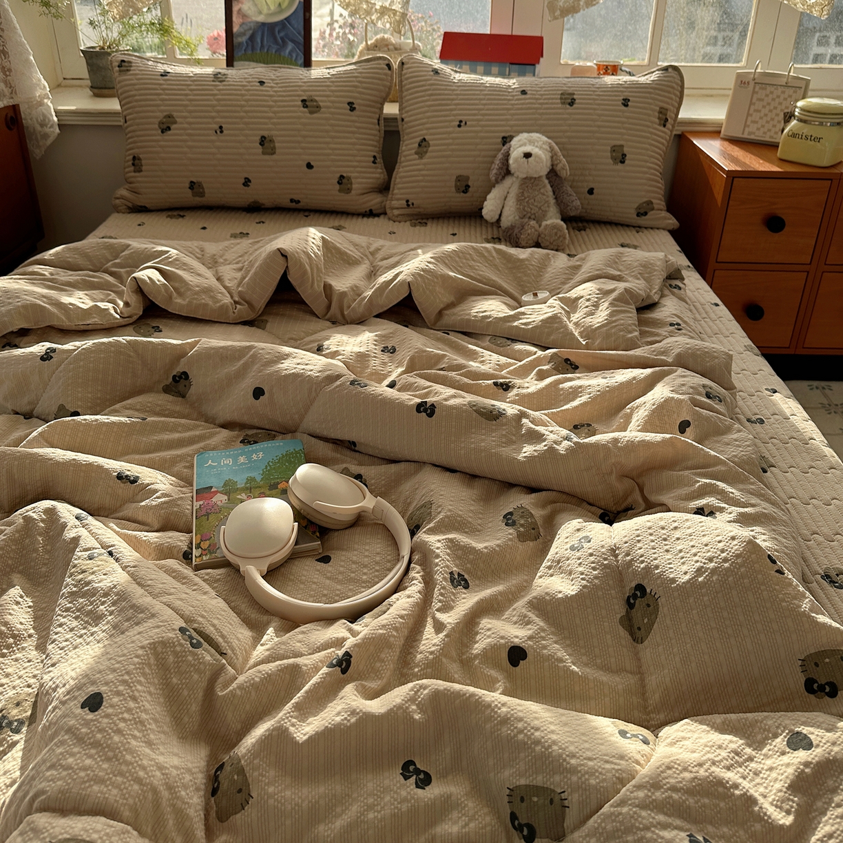 91家纺网 家纺一手货源 找家纺 几禾 2026新款高品质A类泡芙纱床盖夏被套件-青提系列（晚风渐热，温柔续夏） 青提-咖啡小猫