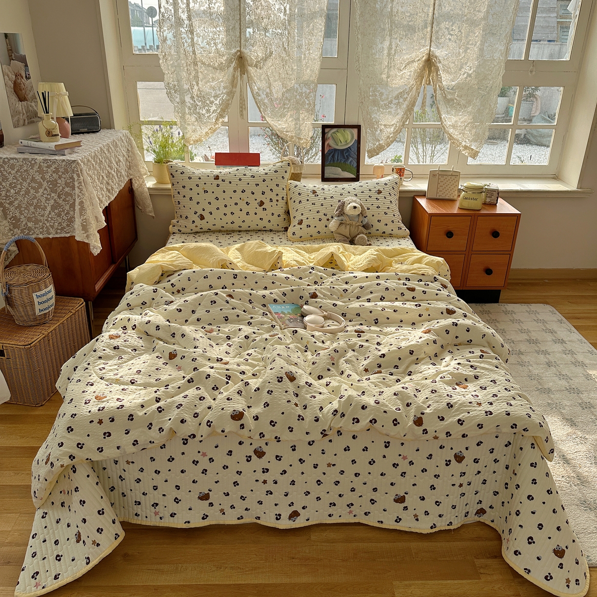 91家纺网 家纺一手货源 找家纺 几禾 2026新款高品质A类泡芙纱床盖夏被套件-青提系列（晚风渐热，温柔续夏） 青提-豹纹黄星