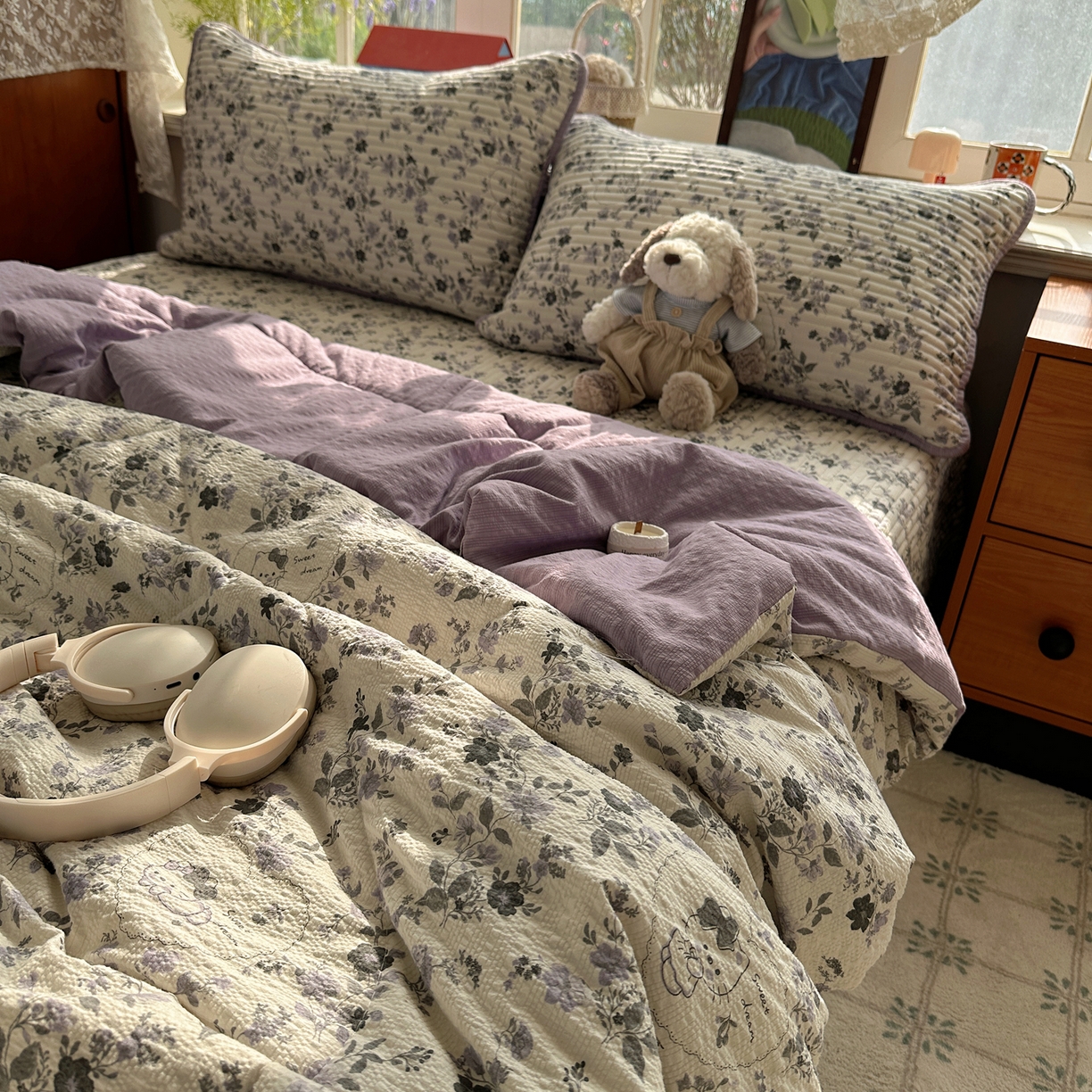 91家纺网 家纺一手货源 找家纺 几禾 2026新款高品质A类泡芙纱床盖夏被套件-青提系列（晚风渐热，温柔续夏） 青提-秘境小紫猫