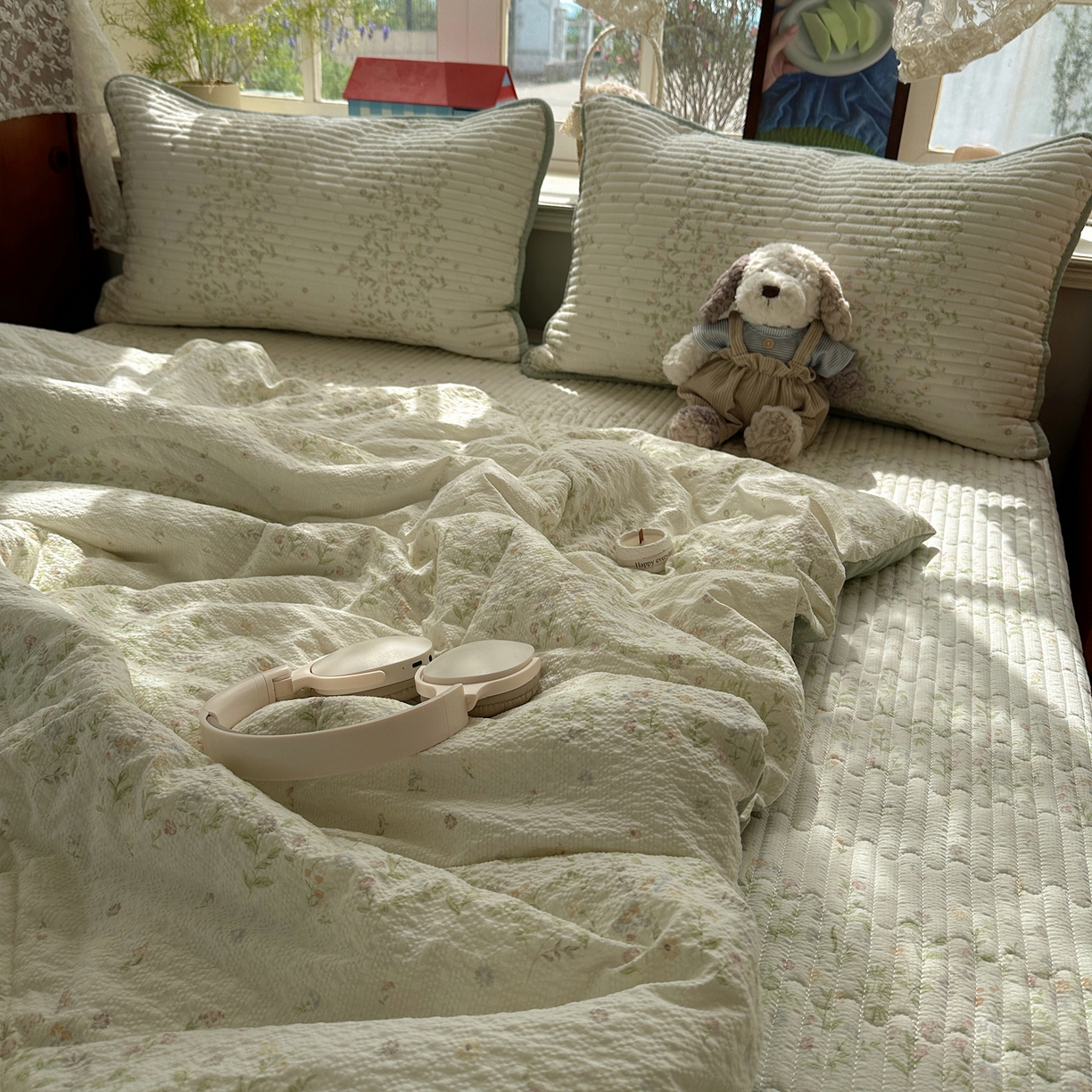 91家纺网 家纺一手货源 找家纺 几禾 2026新款高品质A类泡芙纱床盖夏被套件-青提系列（晚风渐热，温柔续夏） 青提-浅夏花信