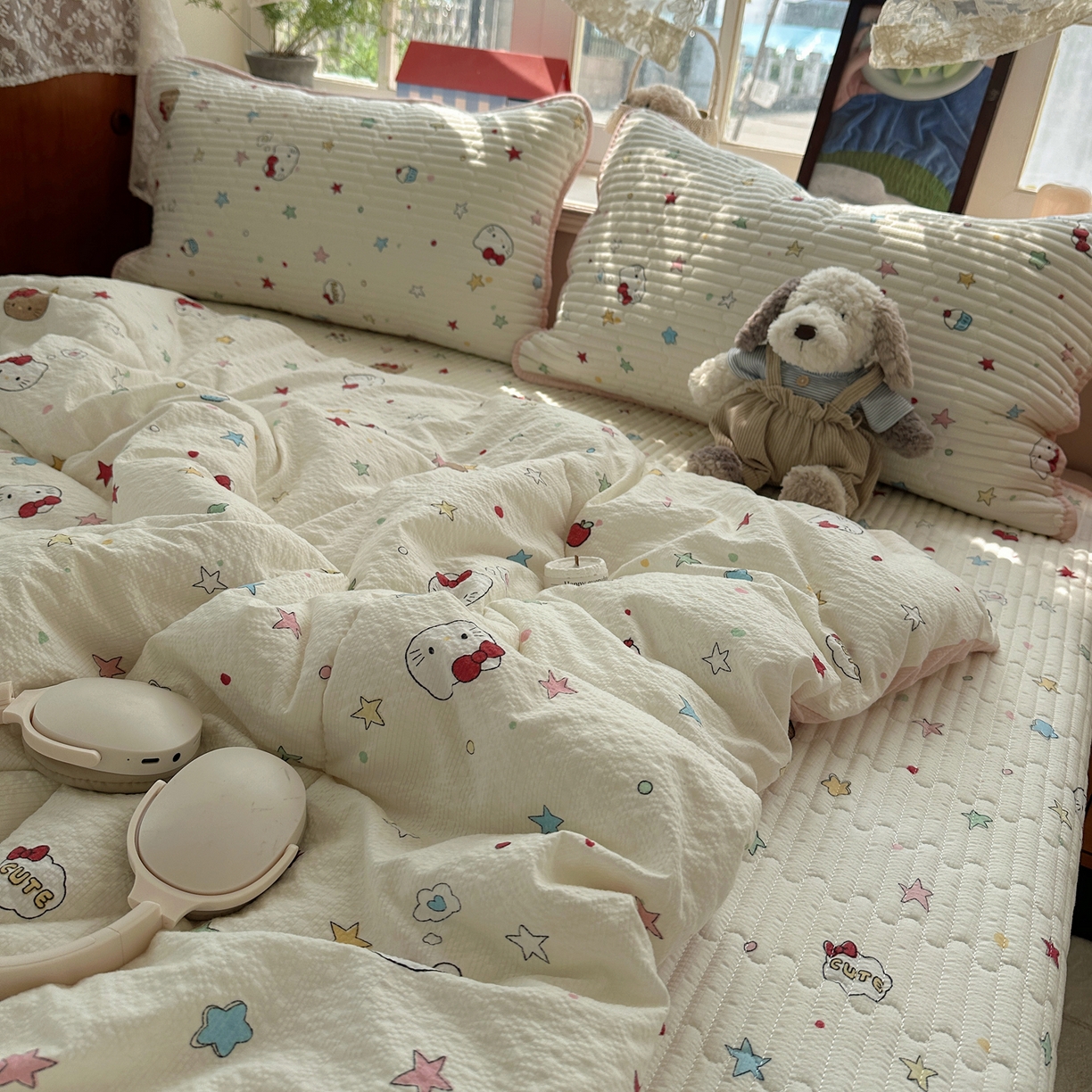 91家纺网 家纺一手货源 找家纺 几禾 2026新款高品质A类泡芙纱床盖夏被套件-青提系列（晚风渐热，温柔续夏） 青提-星芒凯蒂