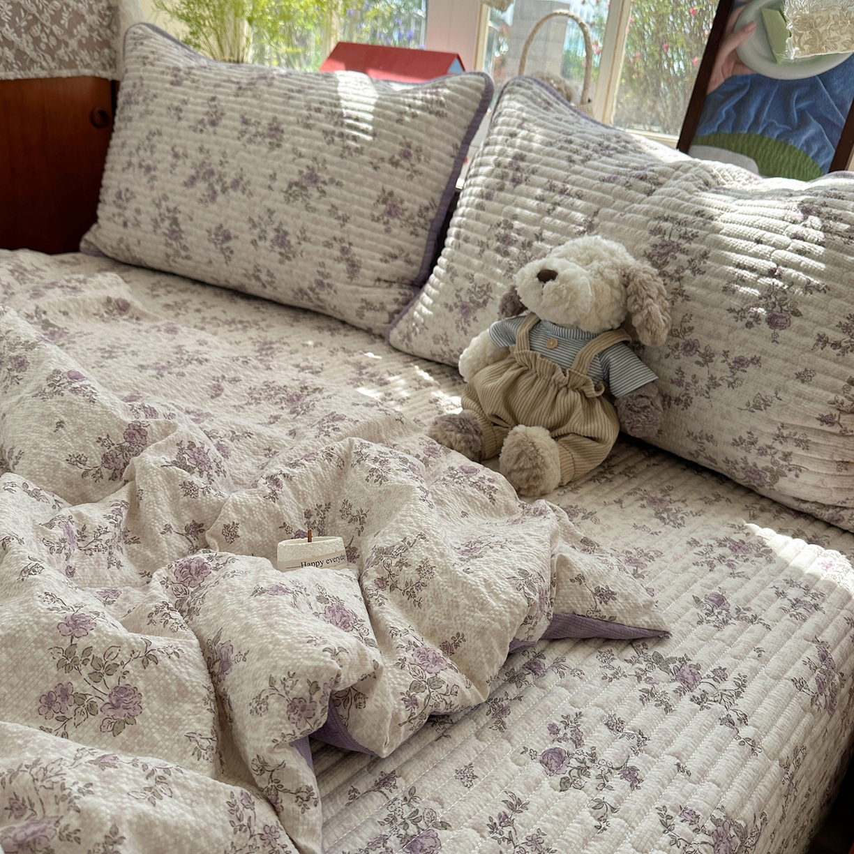 91家纺网 家纺一手货源 找家纺 几禾 2026新款高品质A类泡芙纱床盖夏被套件-青提系列（晚风渐热，温柔续夏） 青提-柔紫碎花屿