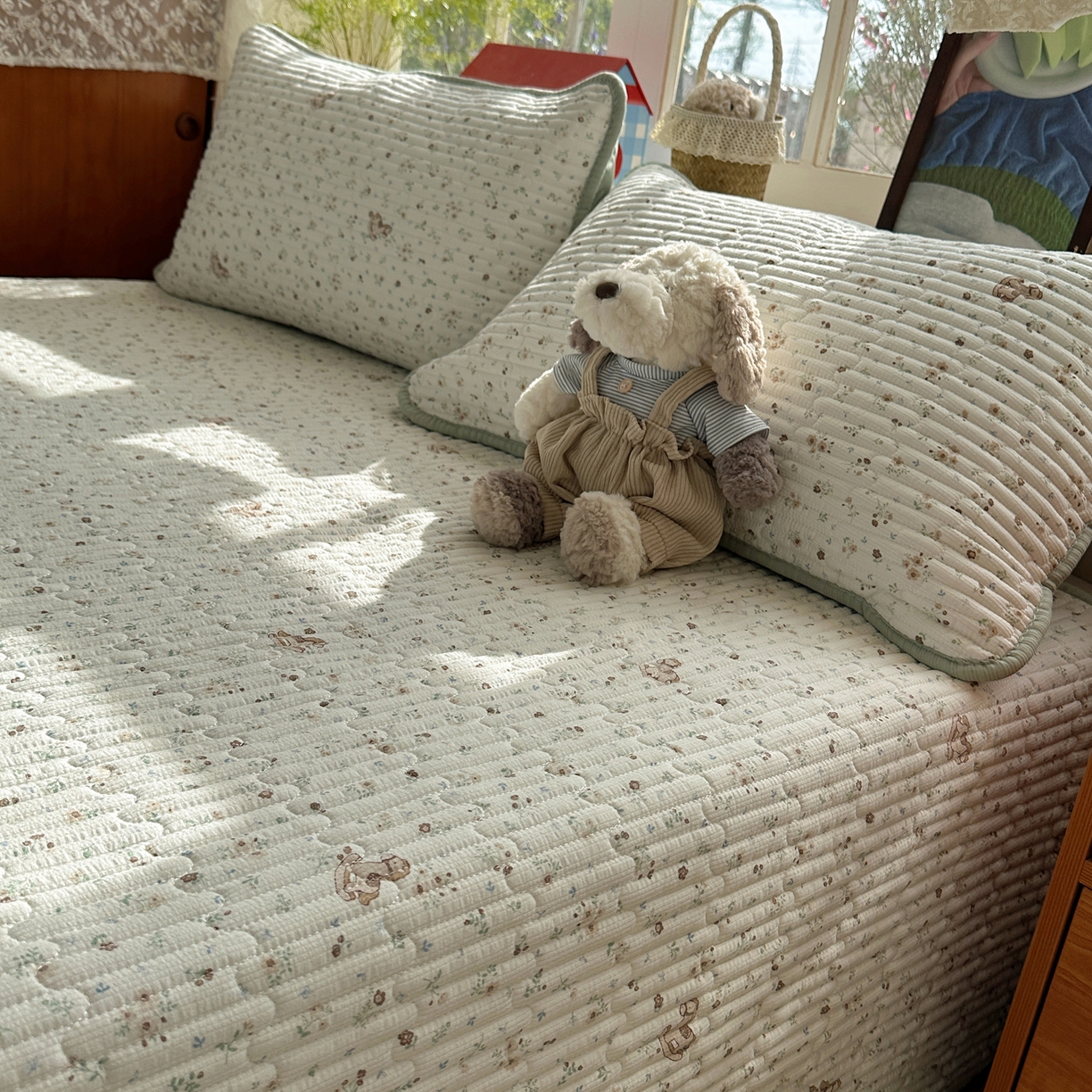 91家纺网 家纺一手货源 找家纺 几禾 2026新款高品质A类泡芙纱床盖夏被套件-青提系列（晚风渐热，温柔续夏） 青提-木马小花团