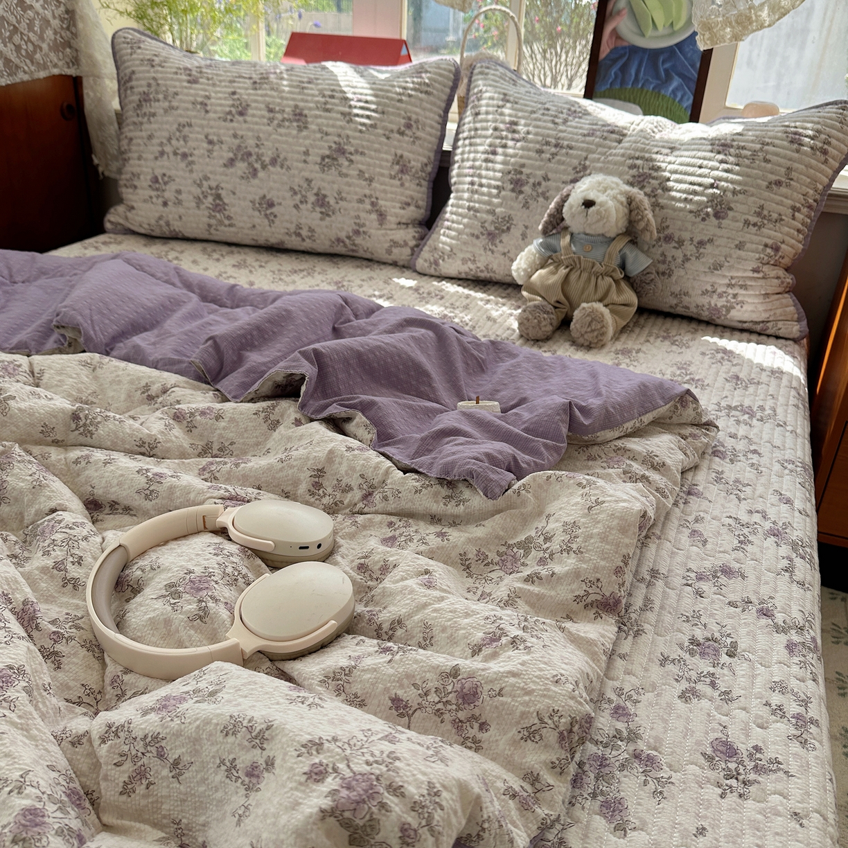 91家纺网 家纺一手货源 找家纺 几禾 2026新款高品质A类泡芙纱床盖夏被套件-青提系列（晚风渐热，温柔续夏） 青提-柔紫碎花屿