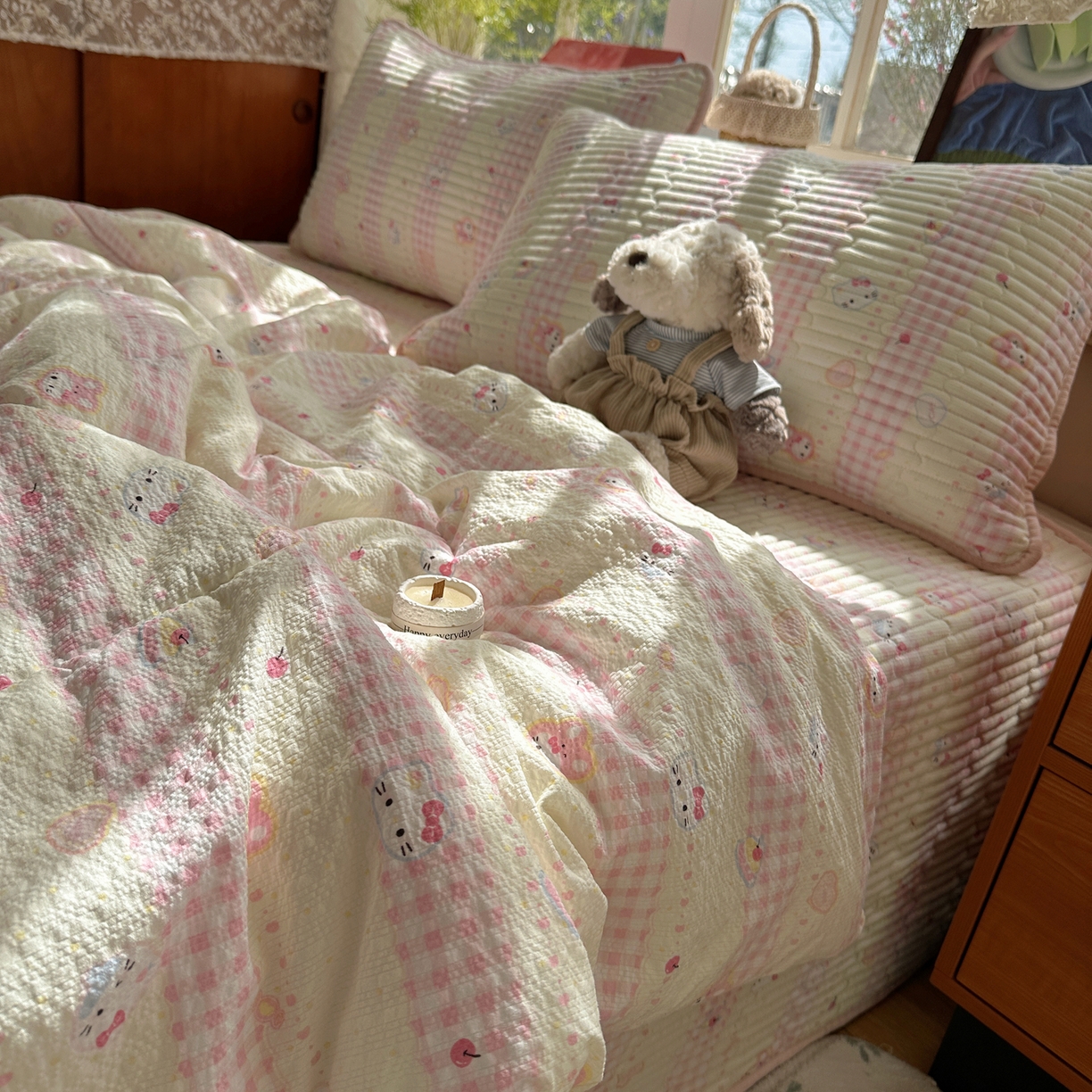 91家纺网 家纺一手货源 找家纺 几禾 2026新款高品质A类泡芙纱床盖夏被套件-青提系列（晚风渐热，温柔续夏） 青提-黄粉猫团