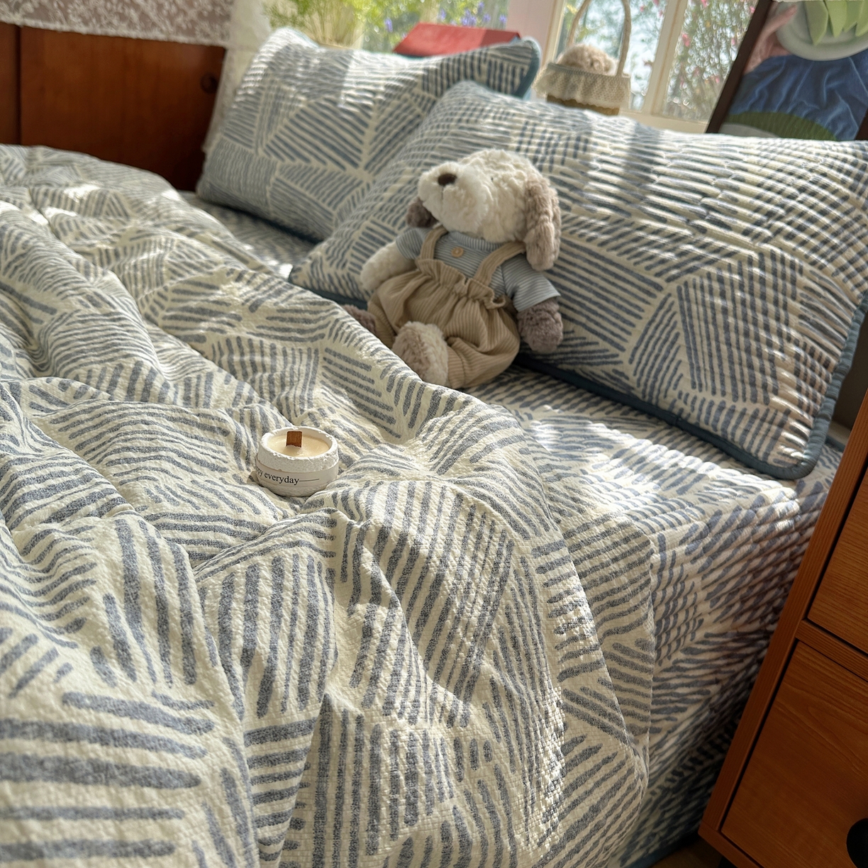 91家纺网 家纺一手货源 找家纺 几禾 2026新款高品质A类泡芙纱床盖夏被套件-青提系列（晚风渐热，温柔续夏） 青提-浅川纹