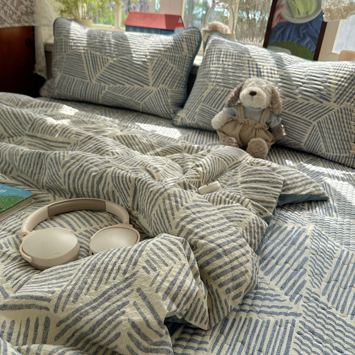 91家纺网 家纺一手货源 找家纺 几禾 2026新款高品质A类泡芙纱床盖夏被套件-青提系列（晚风渐热，温柔续夏） 青提-浅川纹