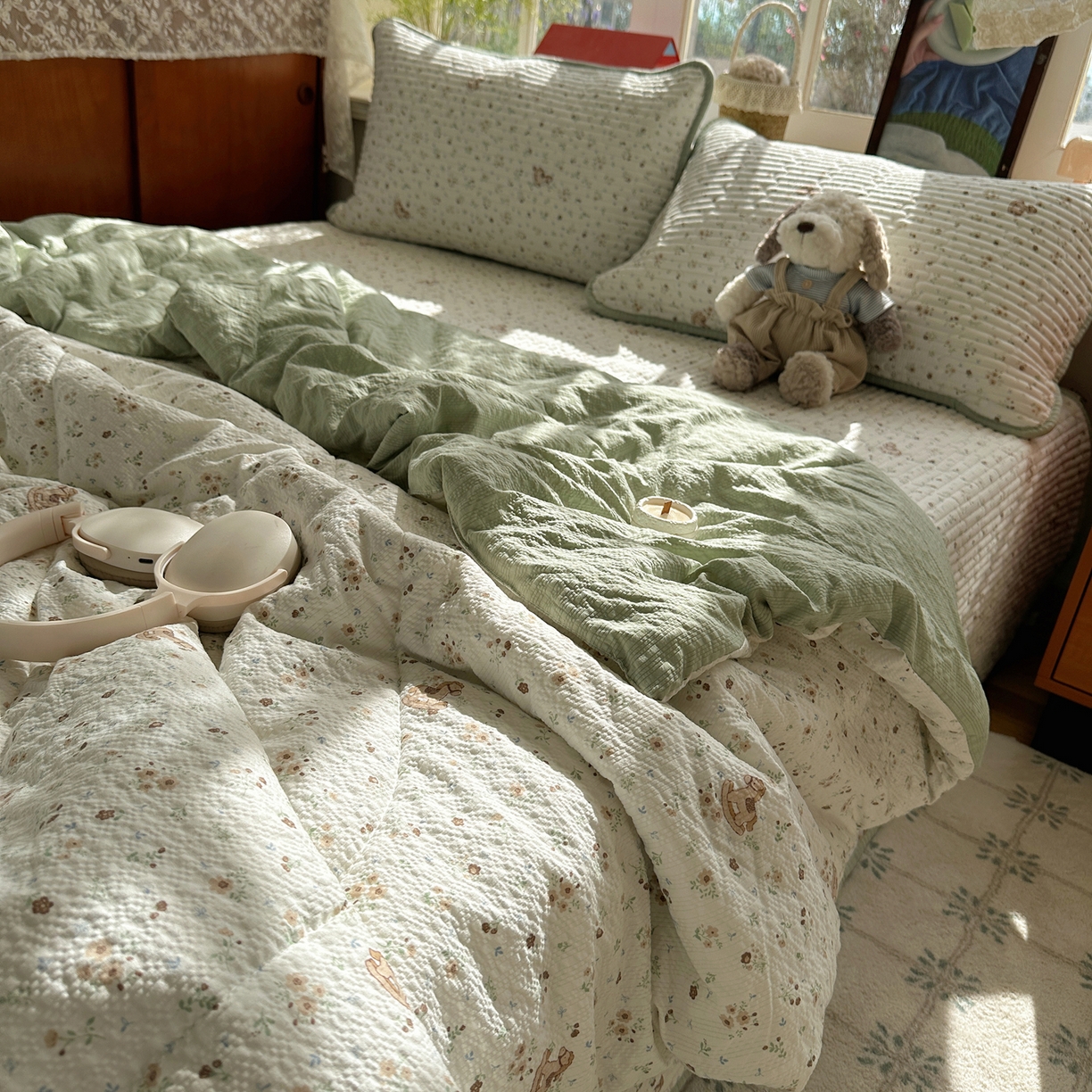 91家纺网 家纺一手货源 找家纺 几禾 2026新款高品质A类泡芙纱床盖夏被套件-青提系列（晚风渐热，温柔续夏） 青提-木马小花团