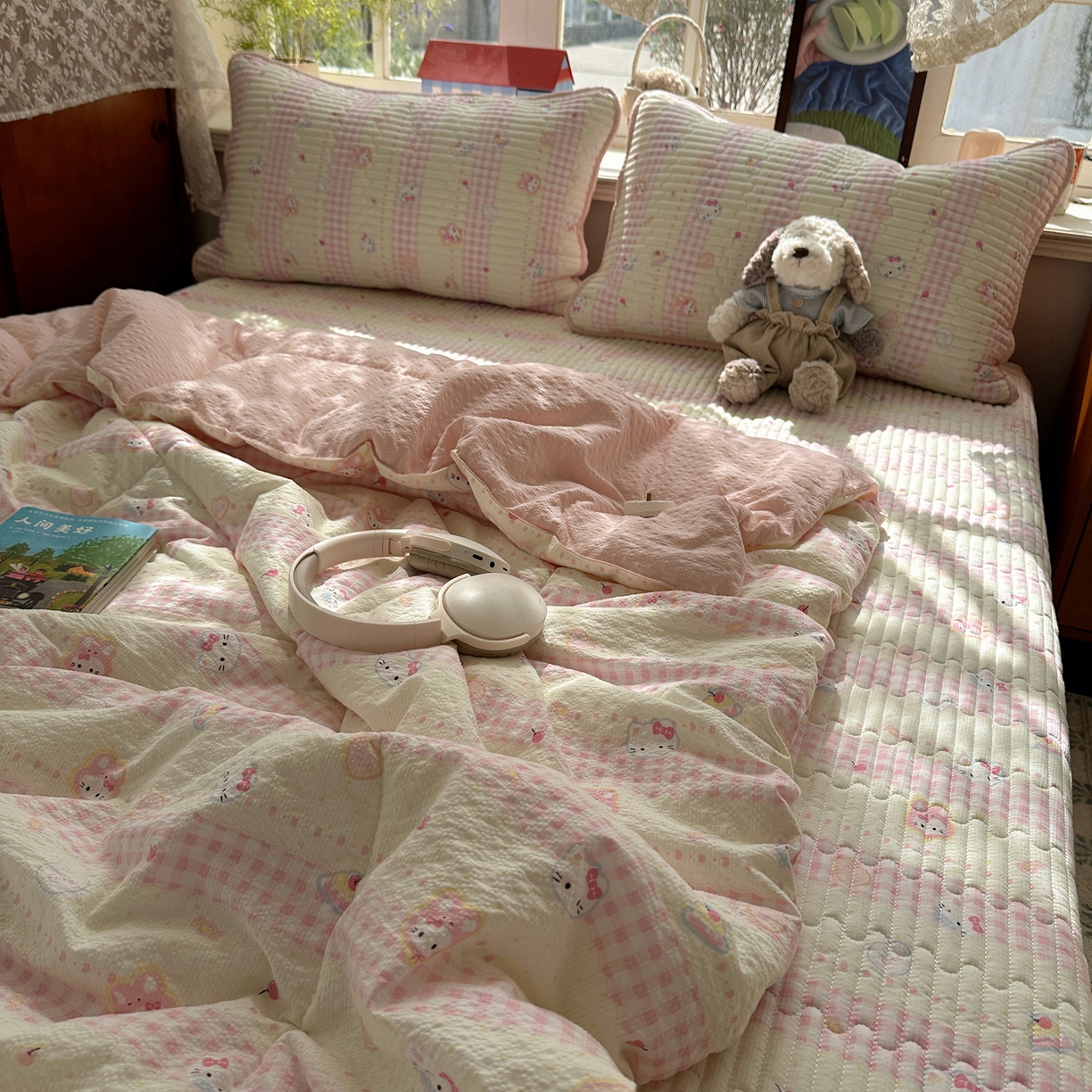 91家纺网 家纺一手货源 找家纺 几禾 2026新款高品质A类泡芙纱床盖夏被套件-青提系列（晚风渐热，温柔续夏） 青提-黄粉猫团