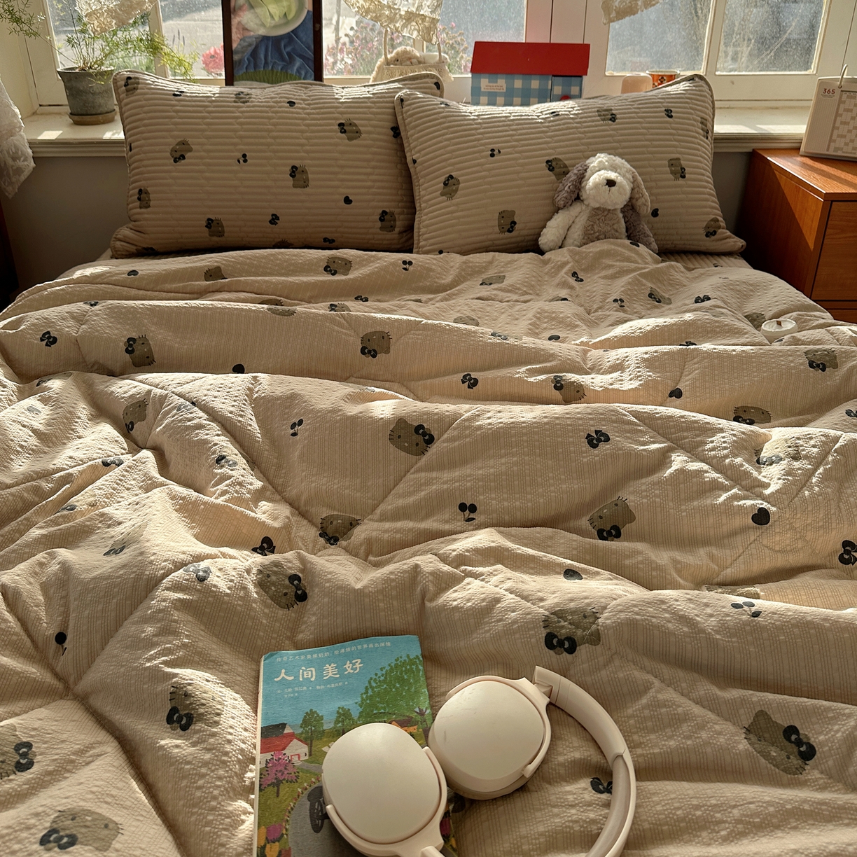 91家纺网 家纺一手货源 找家纺 几禾 2026新款高品质A类泡芙纱床盖夏被套件-青提系列（晚风渐热，温柔续夏） 青提-咖啡小猫