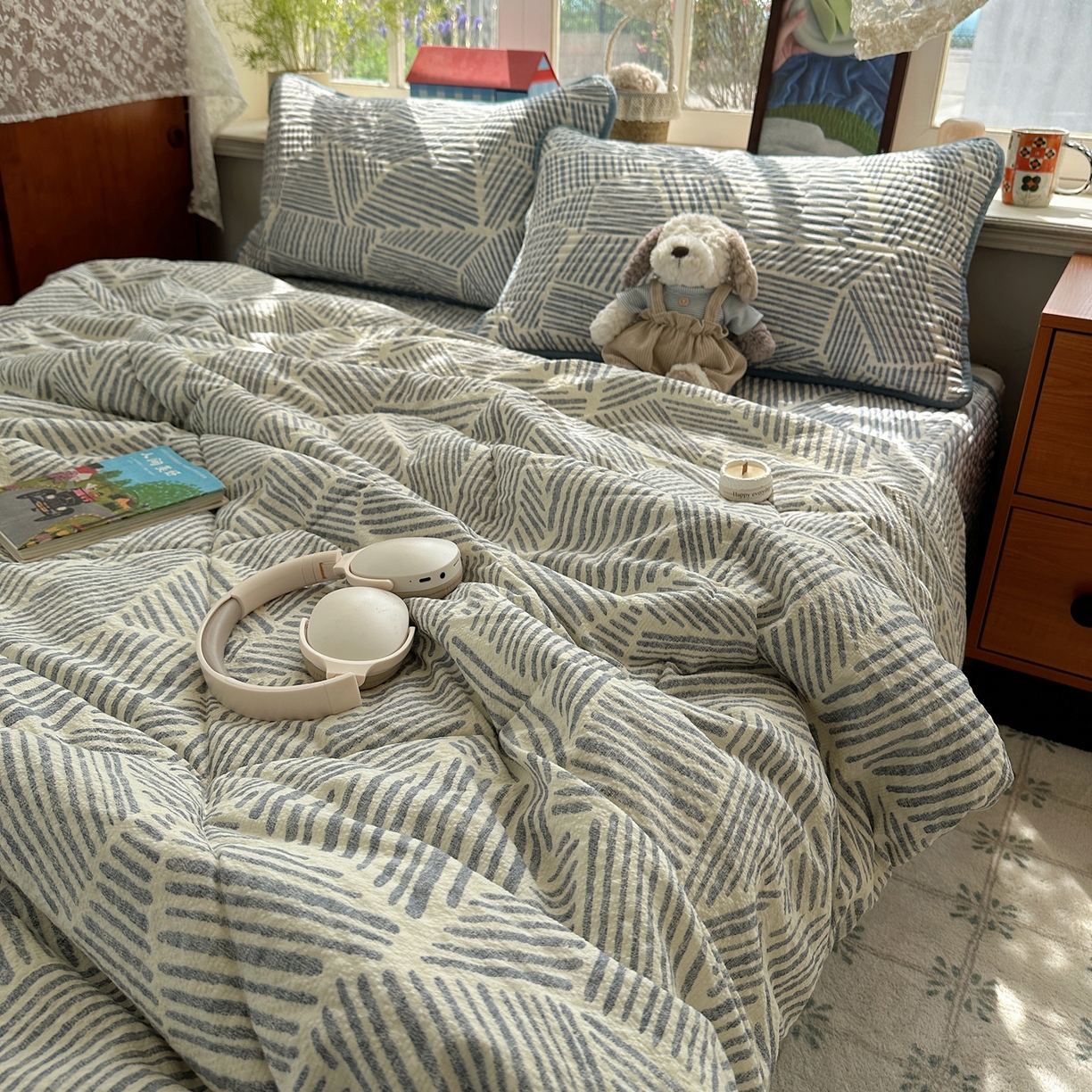 91家纺网 家纺一手货源 找家纺 几禾 2026新款高品质A类泡芙纱床盖夏被套件-青提系列（晚风渐热，温柔续夏） 青提-浅川纹