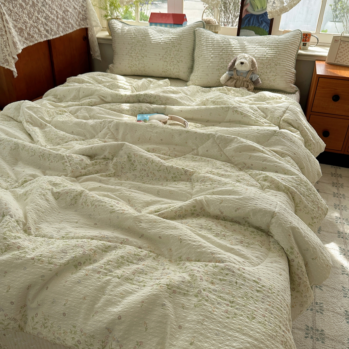 91家纺网 家纺一手货源 找家纺 几禾 2026新款高品质A类泡芙纱床盖夏被套件-青提系列（晚风渐热，温柔续夏） 青提-浅夏花信