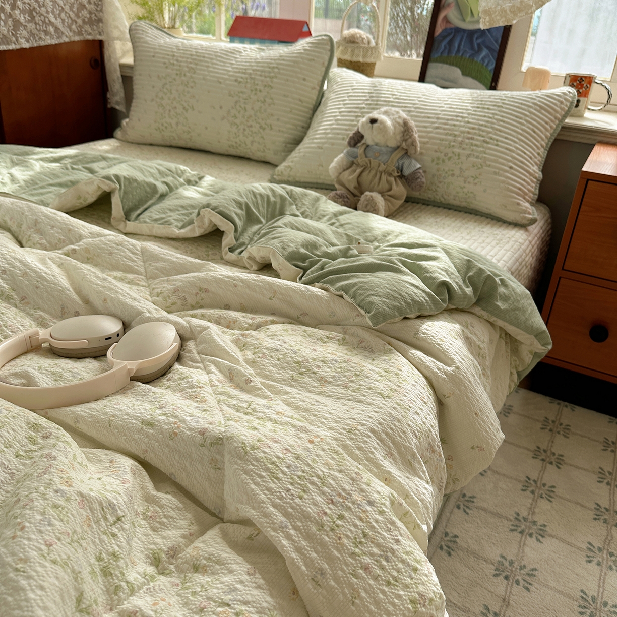 91家纺网 家纺一手货源 找家纺 几禾 2026新款高品质A类泡芙纱床盖夏被套件-青提系列（晚风渐热，温柔续夏） 青提-浅夏花信