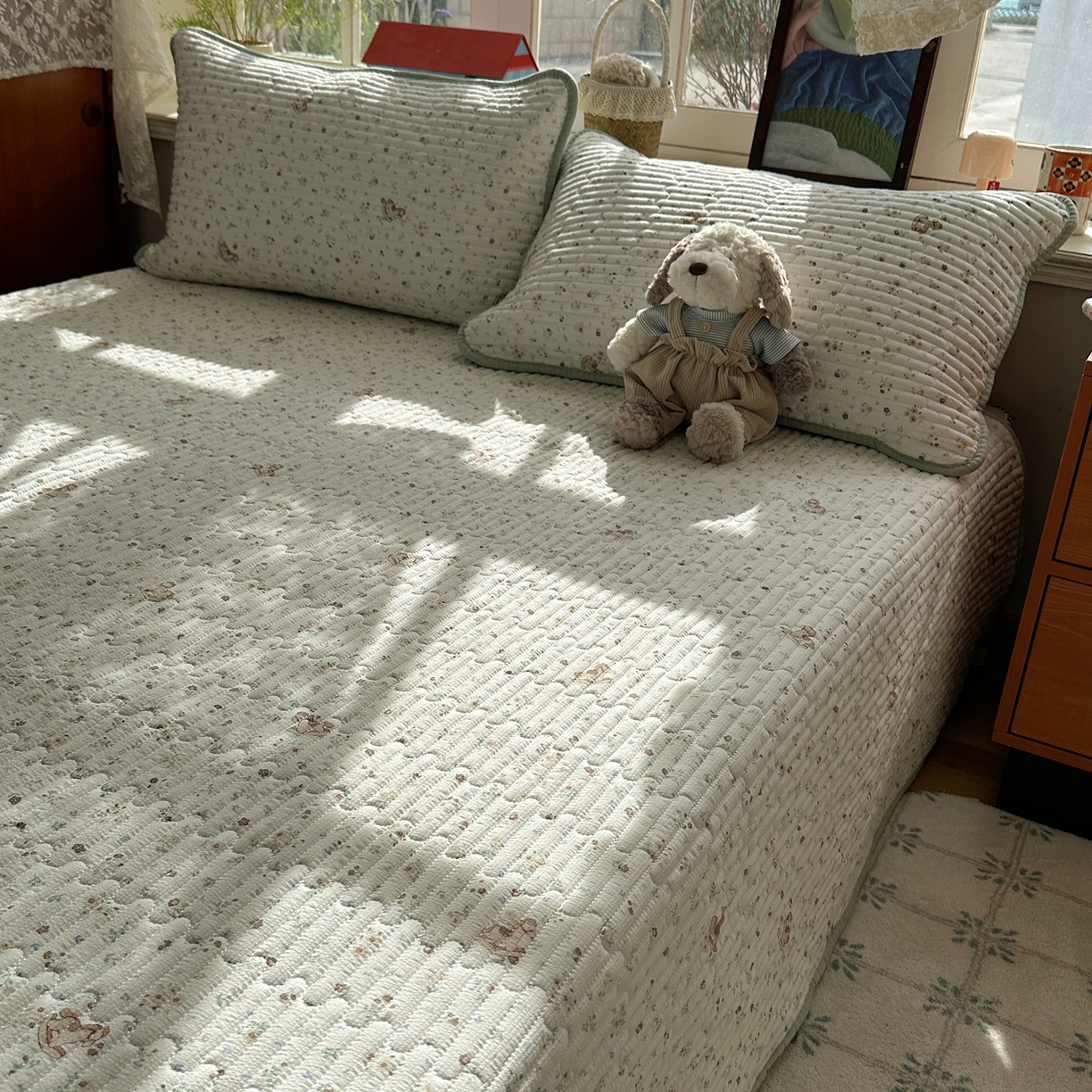 91家纺网 家纺一手货源 找家纺 几禾 2026新款高品质A类泡芙纱床盖夏被套件-青提系列（晚风渐热，温柔续夏） 青提-木马小花团